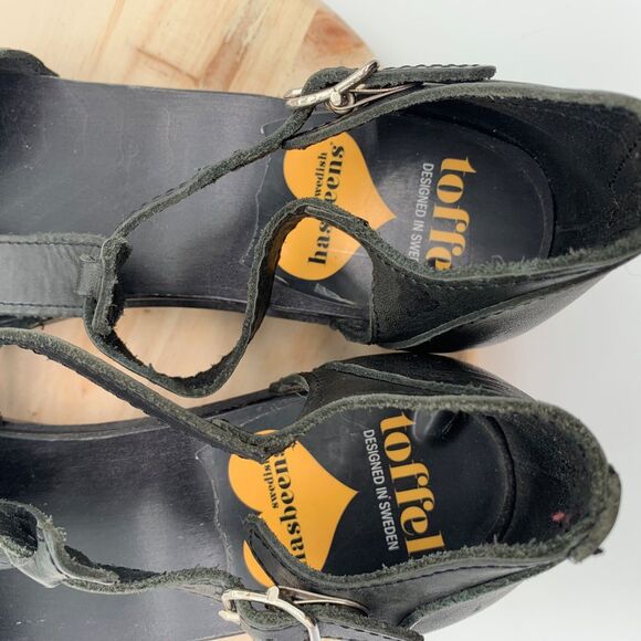 Swedish Hasbeens Toffel Clogs Women 37 US 7 Low Heel Leather Wood Sandals Black - Picture 7 of 8